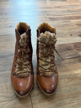 PIKOLINOS Tan Brown Faux-Fur Lace-Up Ankle Boots